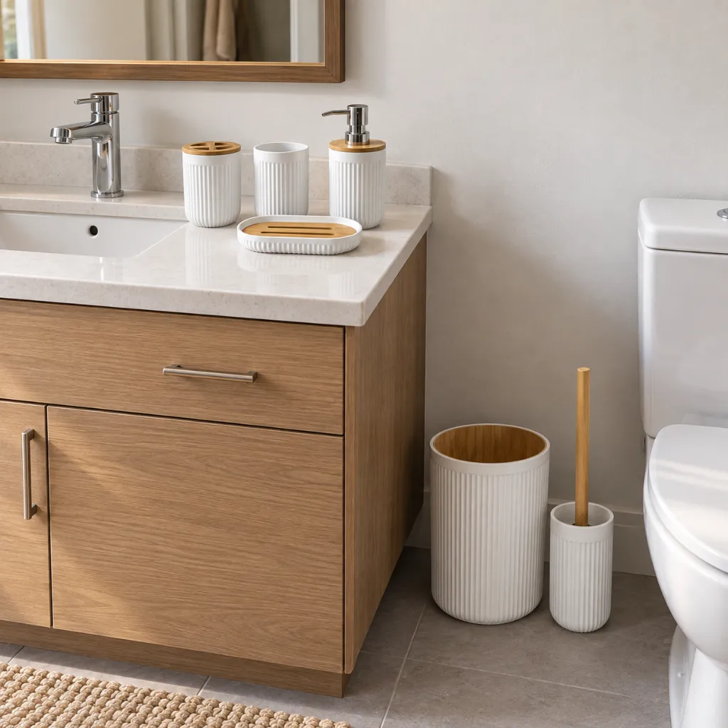 White Ribbed Bamboo Bathroom Set – 6 Pieces