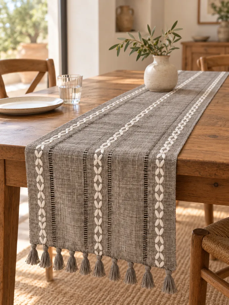 Grey Diamond Embroidered Linen Table Runner with Tassels
