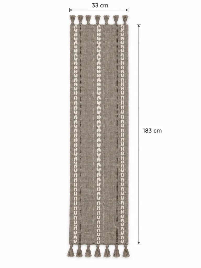 Grey Diamond Embroidered Linen Table Runner with Tassels