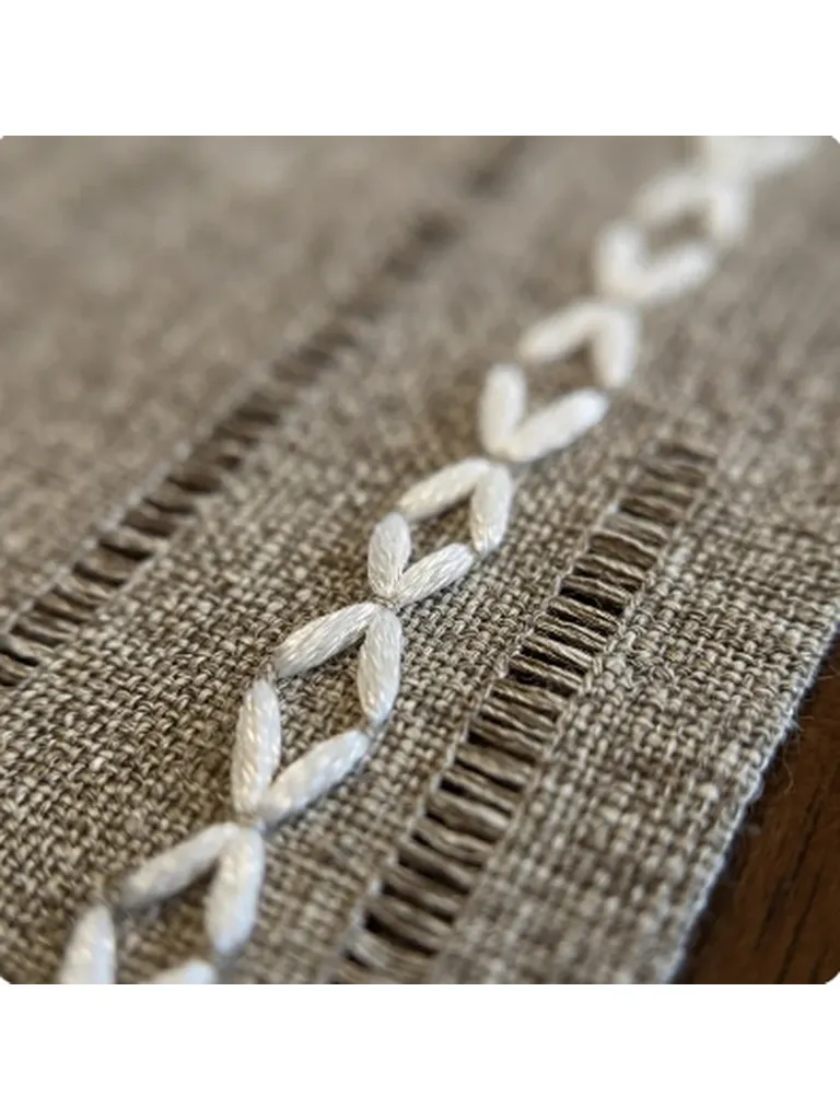 Grey Diamond Embroidered Linen Table Runner with Tassels