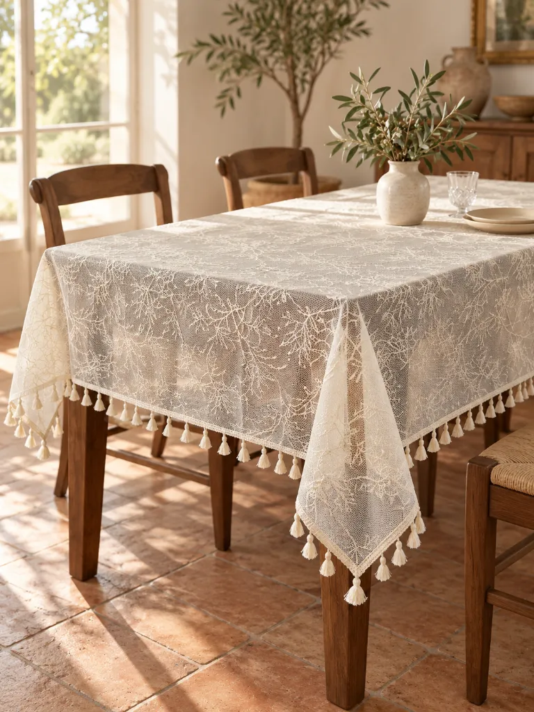 Ivory Branch Lace Tablecloth with Tassel Trim