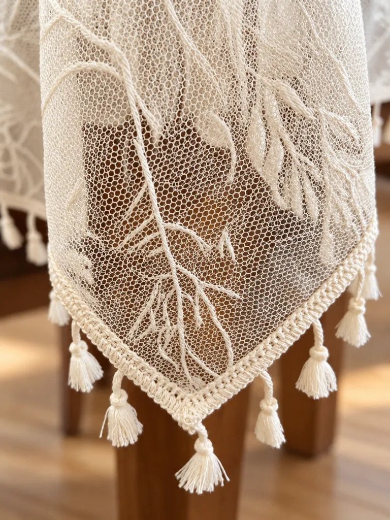 Ivory Branch Lace Tablecloth with Tassel Trim
