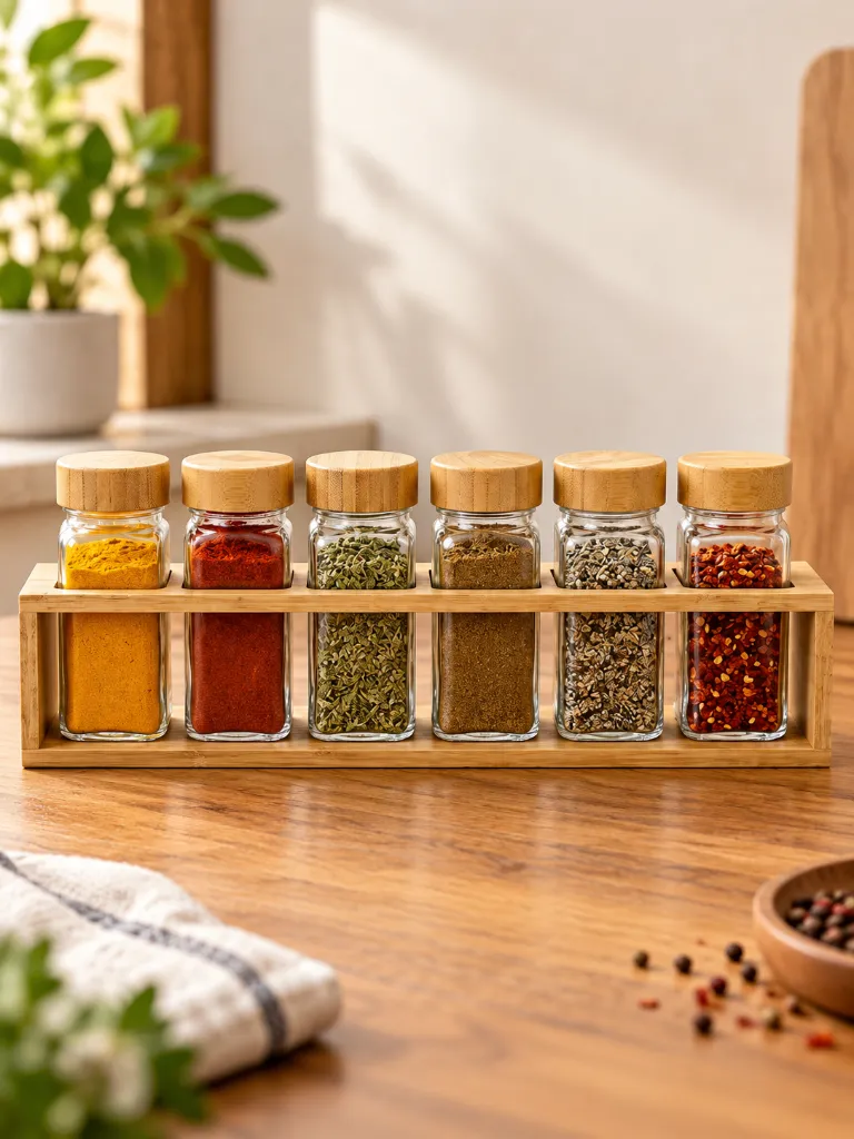 Glass Spice Jars with Bamboo Rack – Set of 6
