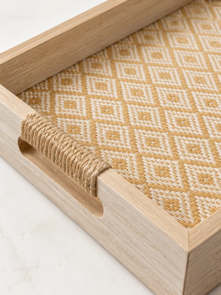 Boho Wooden Serving Tray Set with Rattan Pattern & Jute Handles – 2 Pieces