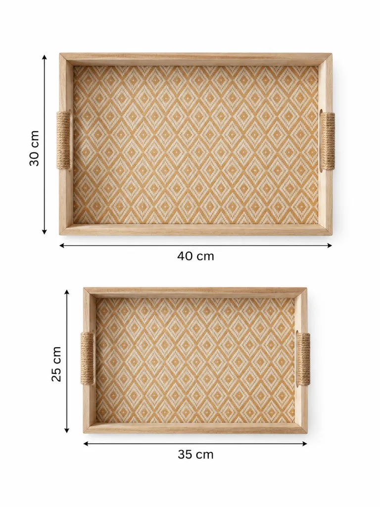 Boho Wooden Serving Tray Set with Rattan Pattern & Jute Handles – 2 Pieces
