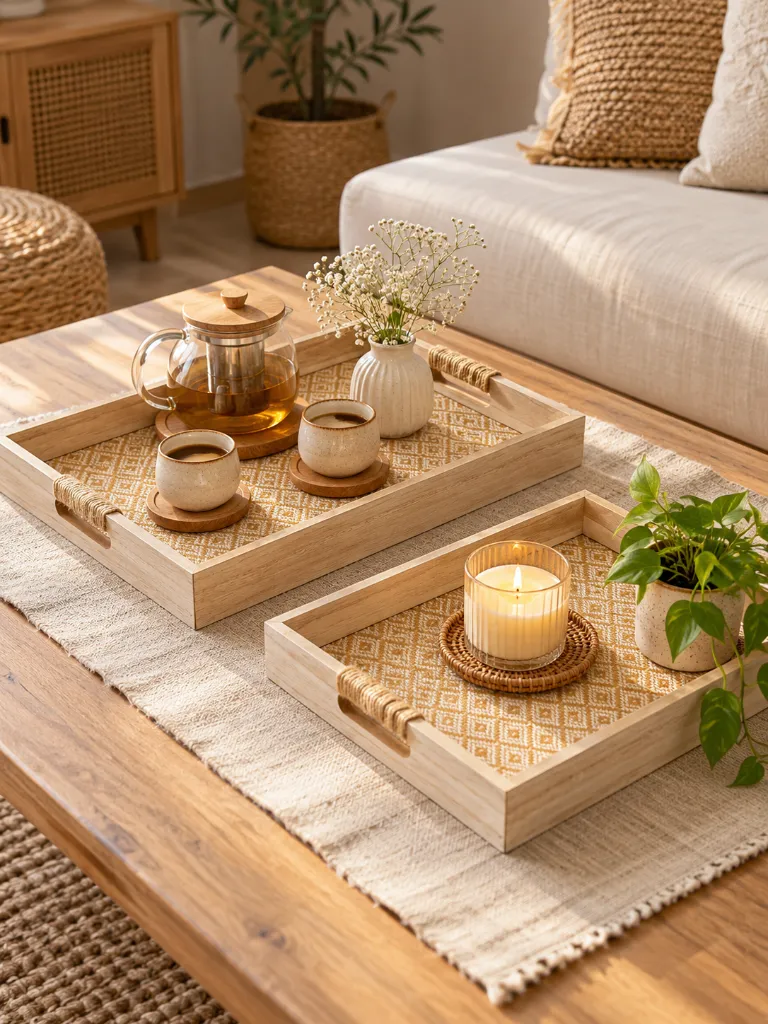 Boho Wooden Serving Tray Set with Rattan Pattern & Jute Handles – 2 Pieces