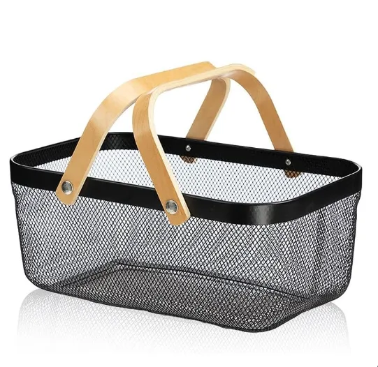 Metal Mesh Square Basket with 2 Wooden Handles