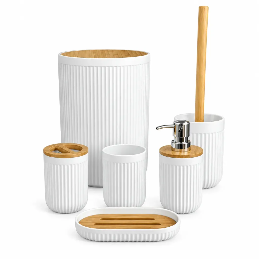 White Ribbed Bamboo Bathroom Set – 6 Pieces
