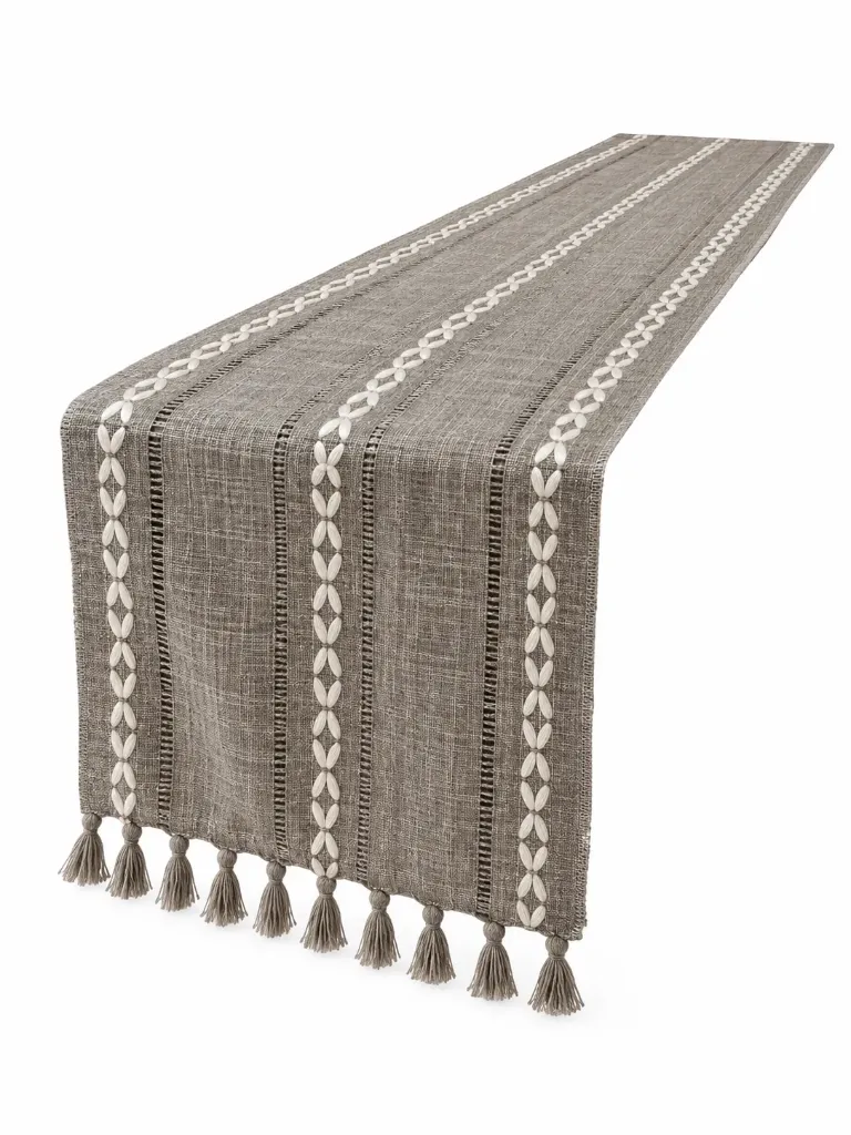 Grey Diamond Embroidered Linen Table Runner with Tassels