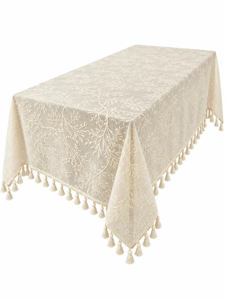 Ivory Branch Lace Tablecloth with Tassel Trim
