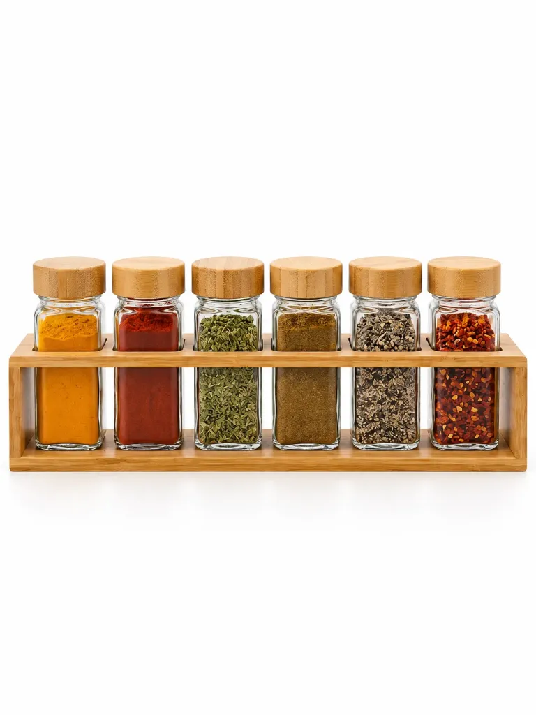 Glass Spice Jars with Bamboo Rack – Set of 6