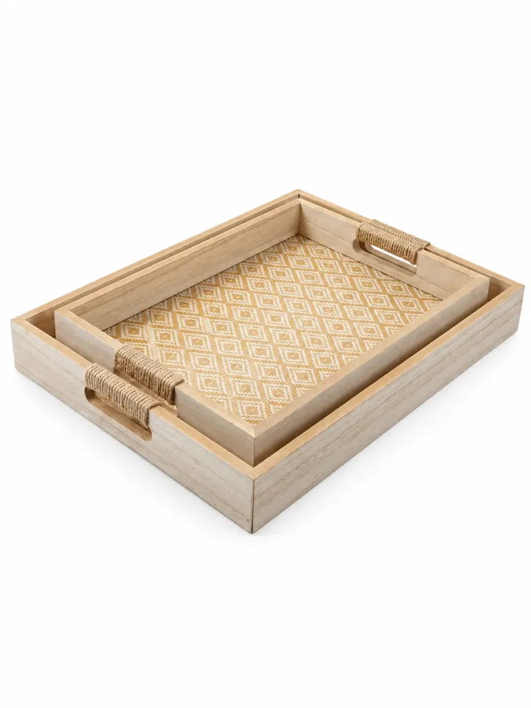 Boho Wooden Serving Tray Set with Rattan Pattern & Jute Handles – 2 Pieces