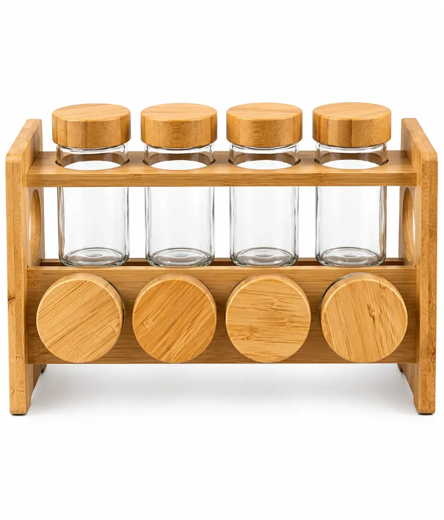 Glass Spice Jar Set with 2-Tier Bamboo Rack - Set of 8